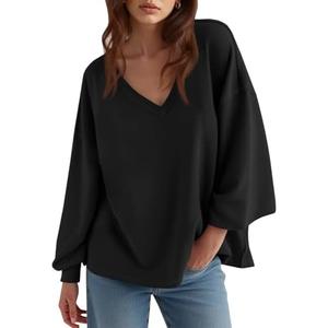 Fisoew Women‘s Oversized Sweatshirts Casual Deep V Neck Lantern Long Sleeve Fall Pullover Tops, Black, OneSize