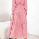 dowerme Women's Casual Dresses 2025 Fall Fashion Long Sleeve Button Up Floral Print Belted Tiered Boho Maxi Party Dress (Pink, XL)