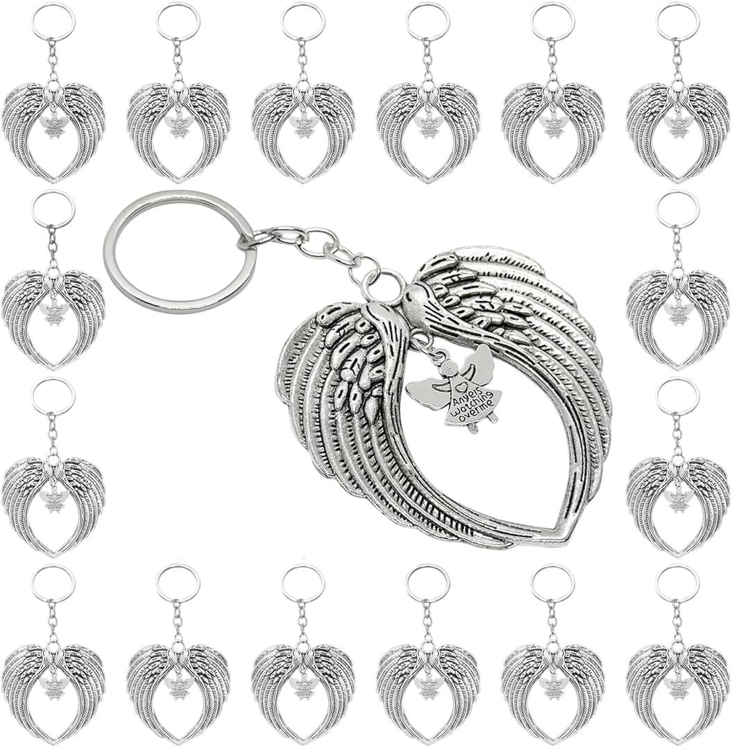 PHAETON 15PCS Silver Big Size Angel Wings Charms Keychain Key Ring for Memorial Keyring Religious Gifts Memorial Decorations