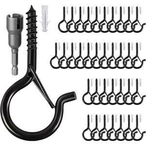 36 Pcs Q Hanger Hooks with Safety Buckle & Drill Bit,Ceiling Hooks for Hanging Plants,Screw Hooks for Hanging Outdoor String Lights,Wind Chimes,Lights & Party Decors,2.2 Inches,Black