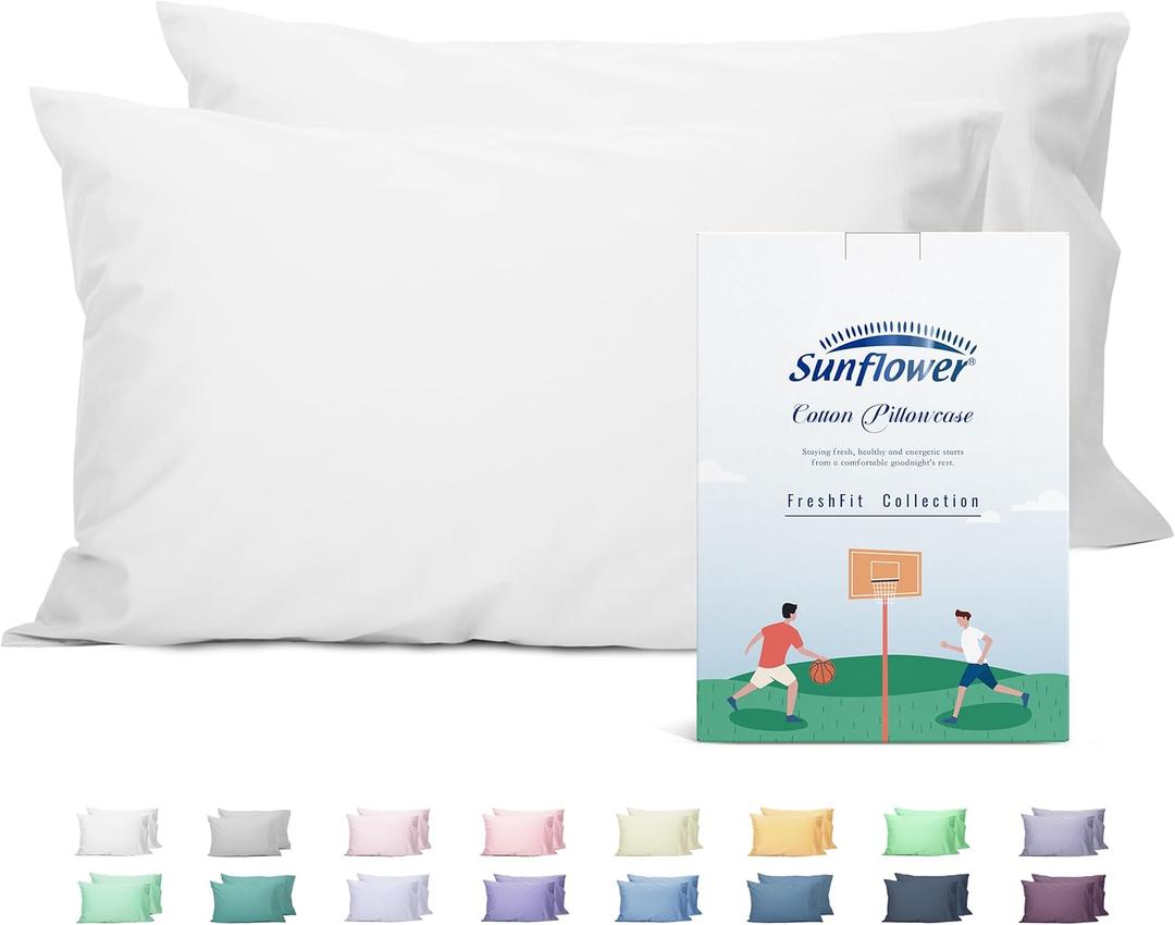 Sunflower Queen Pillowcases Set of 2, 100% Cotton Queen Pillow Cases 2, 20x30 inches Bright White, Soft and Breathable