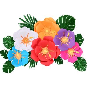 Lincia 40 Pcs Hawaiian Hibiscus Decorations Large Paper Flowers and Artificial Tropical Leaves, 11.8''/7.9'' Jumbo 3D Paper Flowers Faux Leaves for Luau Party Birthday Wedding (Rainbow Color)