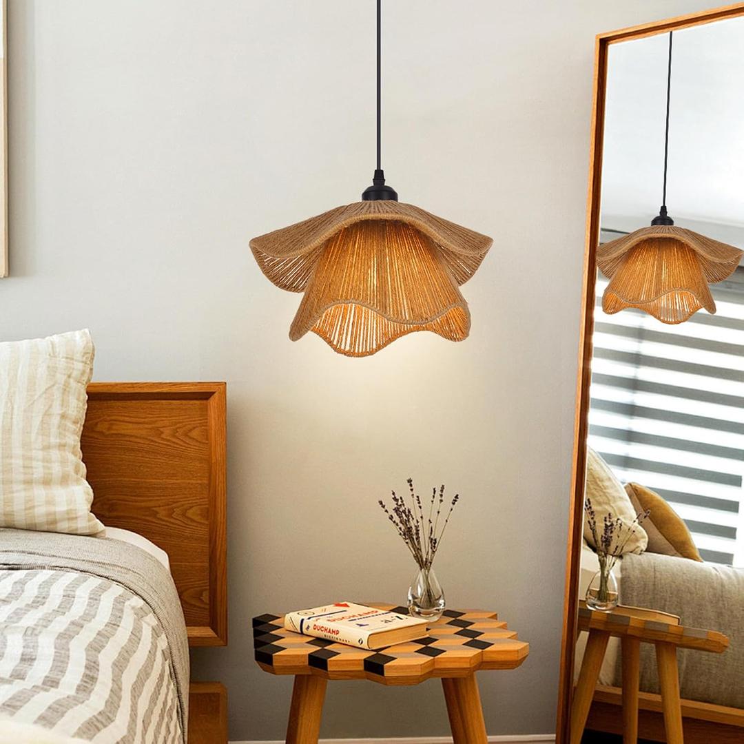 Arturesthome Mini Boho Pendant Light,Woven Twine Chandelier Coastal Hanging Lighting,Adjustable Height Farmhouse Lampshade for Living Room Bedroom Hardwire (11.8"*6.3")