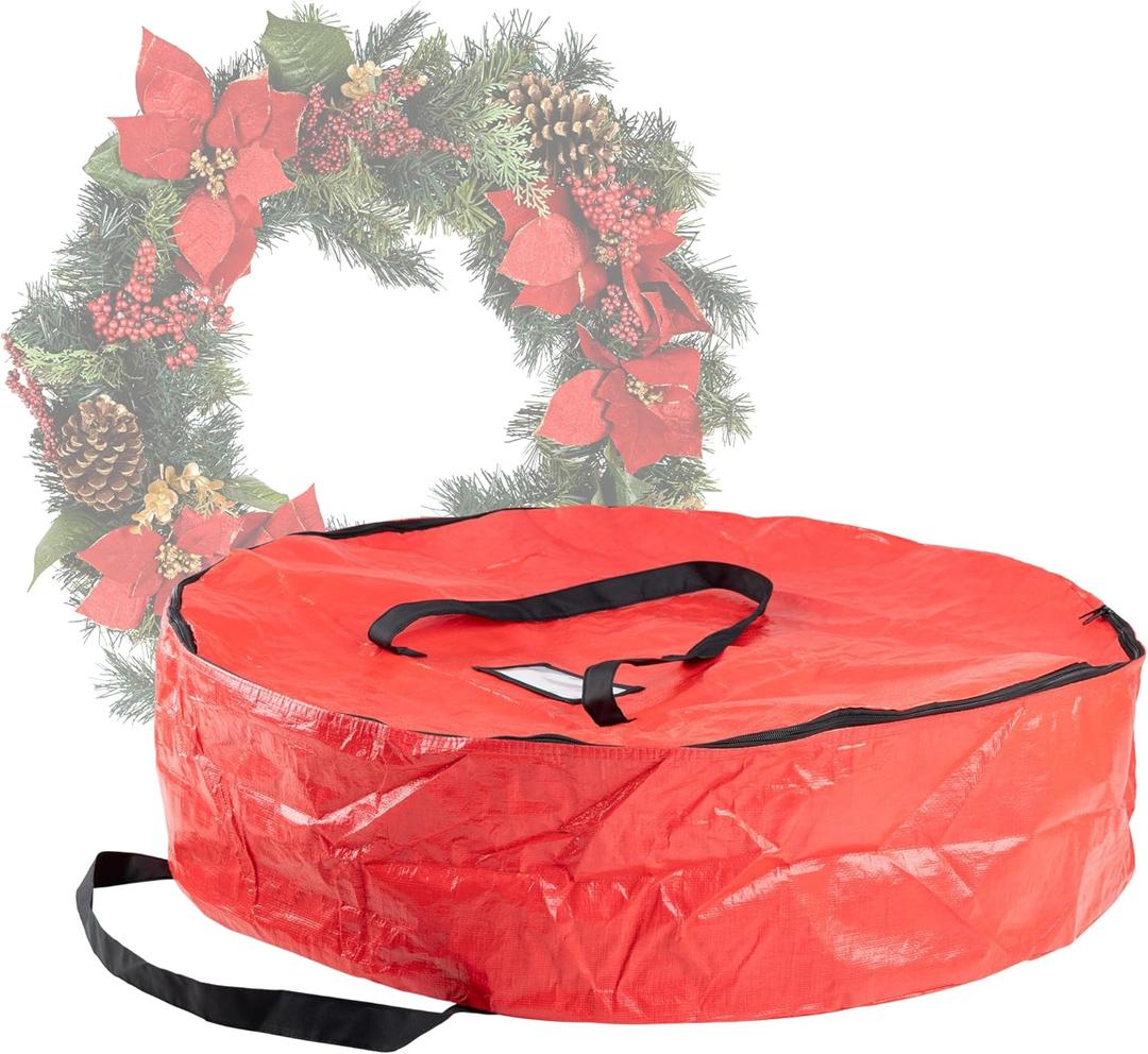 Wreath Storage Container - Canvas Sack with Handles Holds 36-Inch Artificial Wreaths with Interior Compartment for Ornaments by Elf Stor (Red)