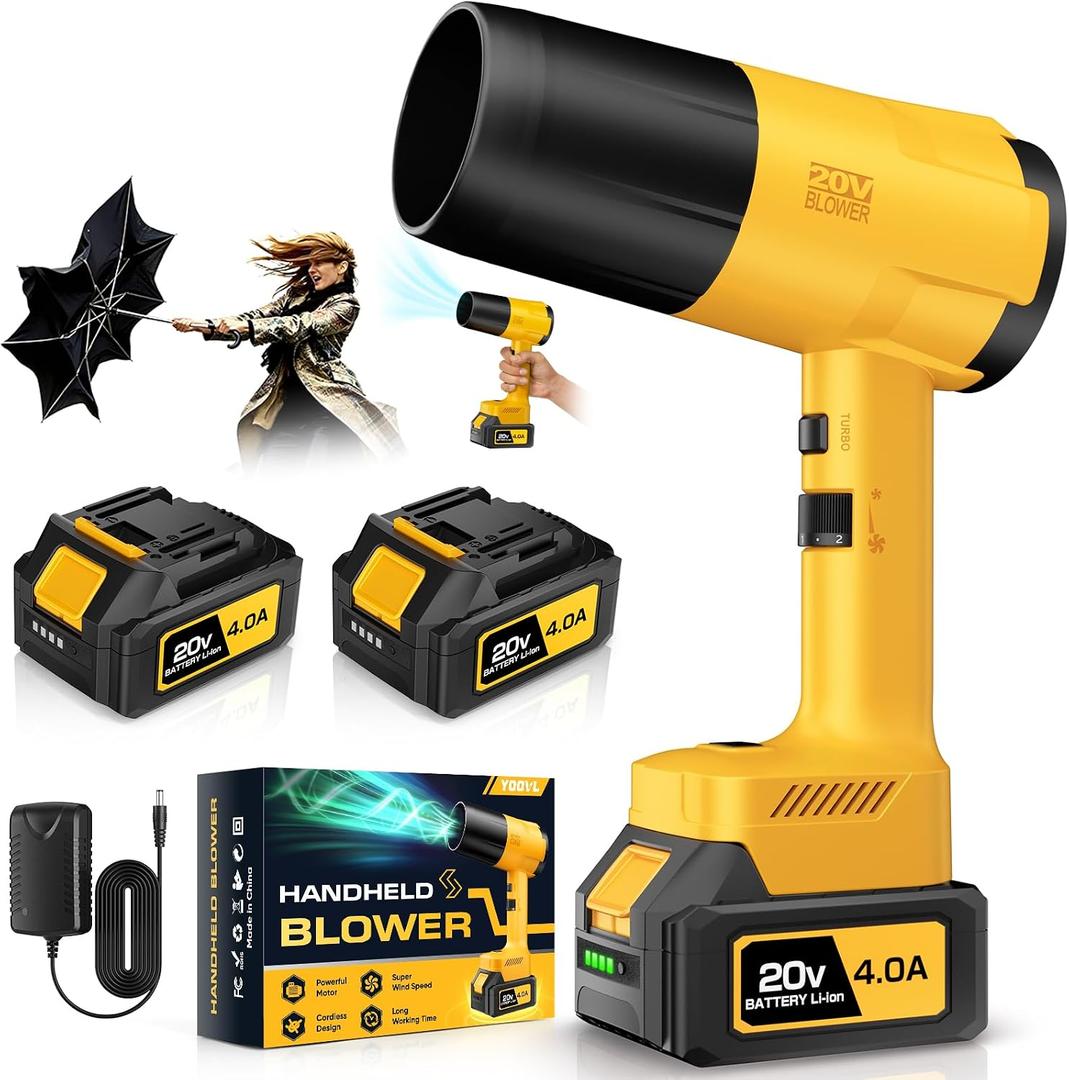 Leaf Blower Cordless, Handheld Leaf Blower with 2 X 4.0Ah Battery and Charger, Snow Blower with 6 Speed Modes, Lightweight Blowers for Lawn Care, Patio, Yard, Blowing Snow, Leaves, Dust-Yellow