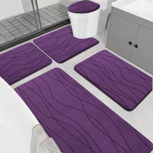 YIHOUSE Memory Foam Purple Bathroom Rug Sets 5 Piece, Ultra Absorbent Bath Mat for Bathroom - Non-Slip Machine Washable & Dry Quickly, 5 Piece Bathroom Mat Set, Purple (1'8" x 3'10" (Rectangular))