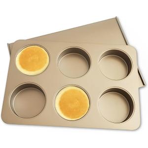 6 Cup Muffin Top Pan for Baking, Nonstick Hamburger Bun Pan, Straight Side English Muffin Cupcake Pans with Lid, Jumbo Muffins Pans for Baking Egg Sandwich Quiche Pancake, Gold (Round Shape)