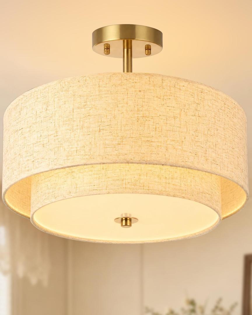 16" Double Drum Ceiling Light, 3-Light Brushed Gold Semi Flush Mount Chandelier, Dimmable Pendant Lamp with Classic Fabric Linen Shade for Bedroom Living Room Dining Room Kitchen Hallway