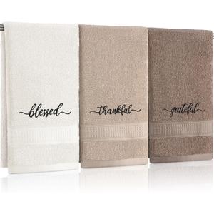 Peryiter 3 Pcs Farmhouse Bathroom Decor Hand Towels 14x29 Inch Cotton Bath Towels Rustic Embroidered for Boho Kitchen Decor Inspirational Christian Gift (Brown Series,Blessed Thankful Grateful)
