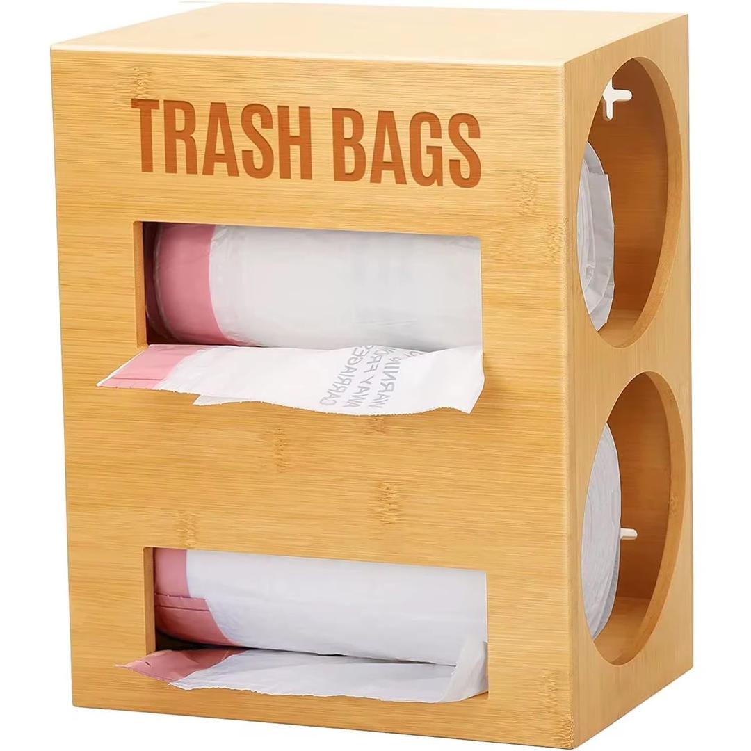 Bamboo Trash Bag Dispenser, Wall Mount Holder for 2 Rolls, Kitchen Garbage Bag Organizer, 12.3 x 10 x 6.3 Inches (Black)