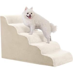 MIHIKK Dog Stairs Ramp, Curved 5-Step Dog Steps for Small Dogs and Cats, Pet Stairs for High Beds and Couch with Anti-Slip Washable Cover and Durable High Density Foam, Beige