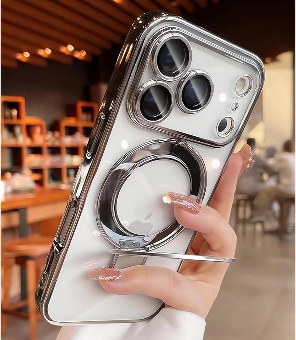 Mag-Stand Designed for iPhone 17 Pro Max Case Clear Supports Wireless Charging 17 Pro Max Case Camera Protector Invisible Stand Ring Luxury Plating Soft TPU Shockproof Phone Case 6.9",Silver