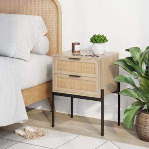 Nathan James Modern Nightstand, End, Bedside or Side Table with Storage for Living Room or Bedroom, Oak/Cane/Gold,  Single, 14"D x 19"W x 24"H