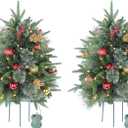 2 Pack Outdoor Christmas Tree 30 INCH, with 100 LED Lights, Prelit Small with Berries and Pine Cones and Gold&red Balls, Pre-Decorated Green Xmas Tree for Pathway, Porch
