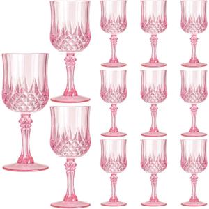 XKXKKE 12 Pcs Pink Plastic Wine Glasses, Plastic Water Goblets for Parties, Stemmed Drinking Glasses for Wedding Reception, Grand Event Party Bar Supplies Reusable Drinking Cups