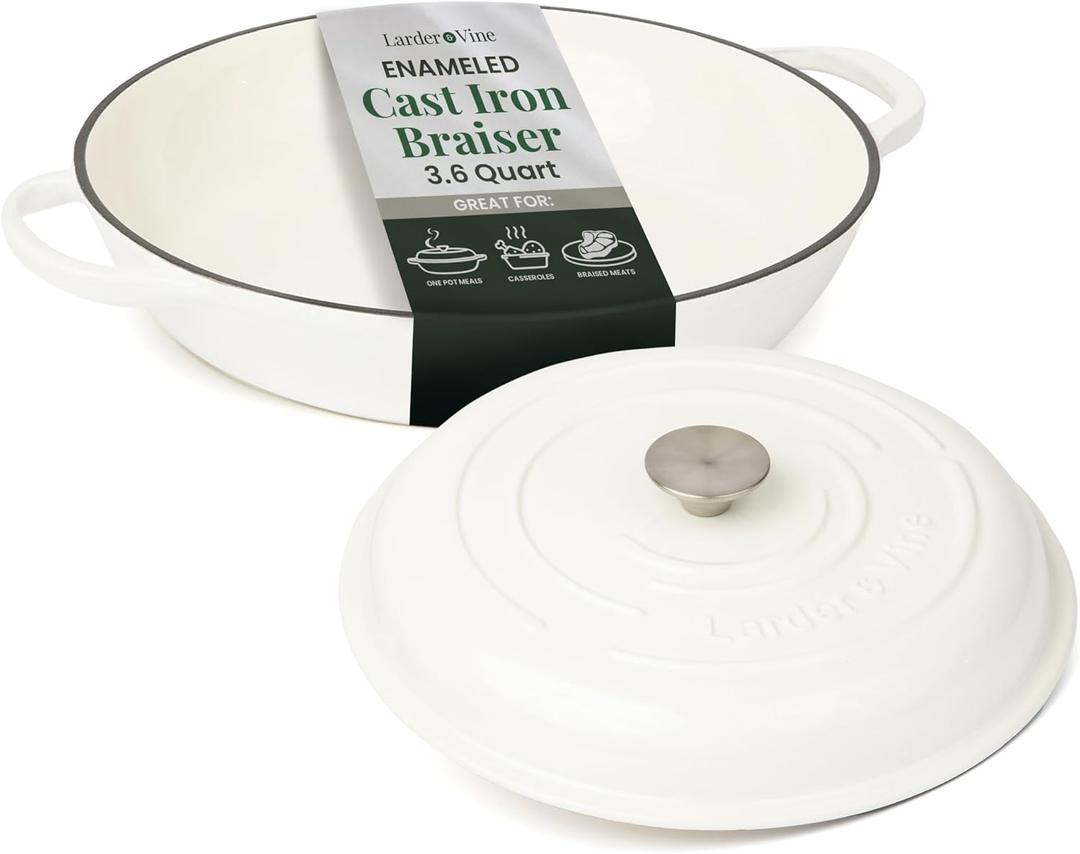 Larder & Vine Enameled Cast Iron Braiser | 3.6 qt Braiser Pan with Lid | Shallow Dutch Oven Compatible on All Cooktops | Casserole Dish Oven Safe to 500 F | Dual Handles | White