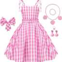 Girls Pink Gingham Costume Dress Movie Cosplay Dress up Kids Birthday Party Halloween Outfits with Accessories (3-4 Years)