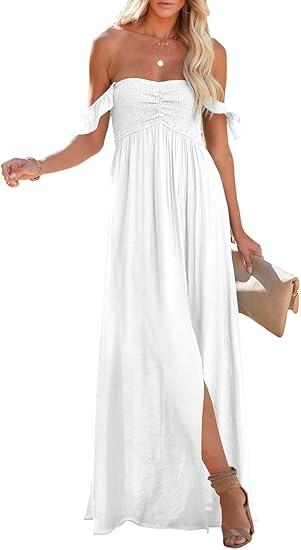 Happy Sailed Women's 2025 Summer Smocked Off The Shoulder Maxi Dresses Ruffle Short Sleeve A Line Side Slit Sundress M