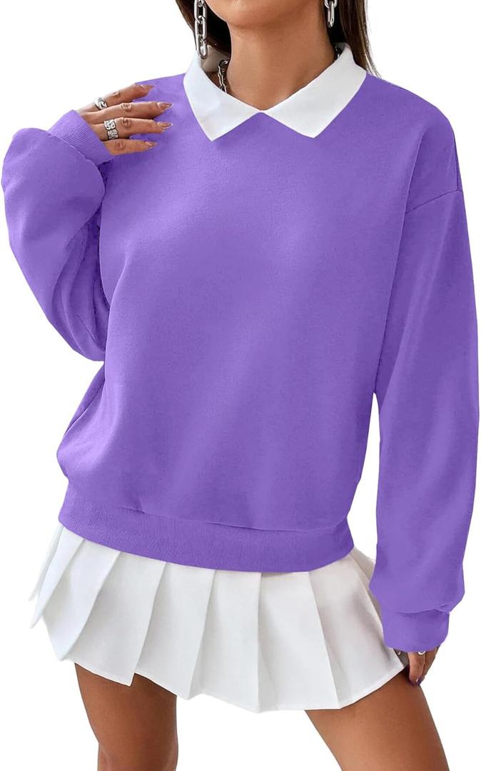 Remidoo Women's Contrast Collar Sweatshirt Casual Oversized Long Sleeve Pullover (Purple, S)