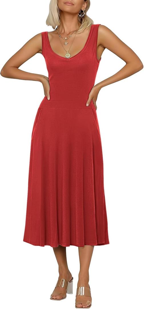 Urban CoCo Women's Summer Casual Sleeveless Flared Midi Dress Swing T-Shirt Dresses with Pockets (Large)