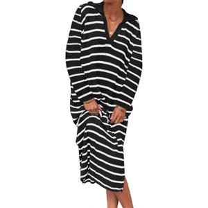Saodimallsu Womens Striped Sweater Dress Fall Chunky Knit V Neck Collared Long Sleeve Sexy Slit Loose Midi Dresses (Black)