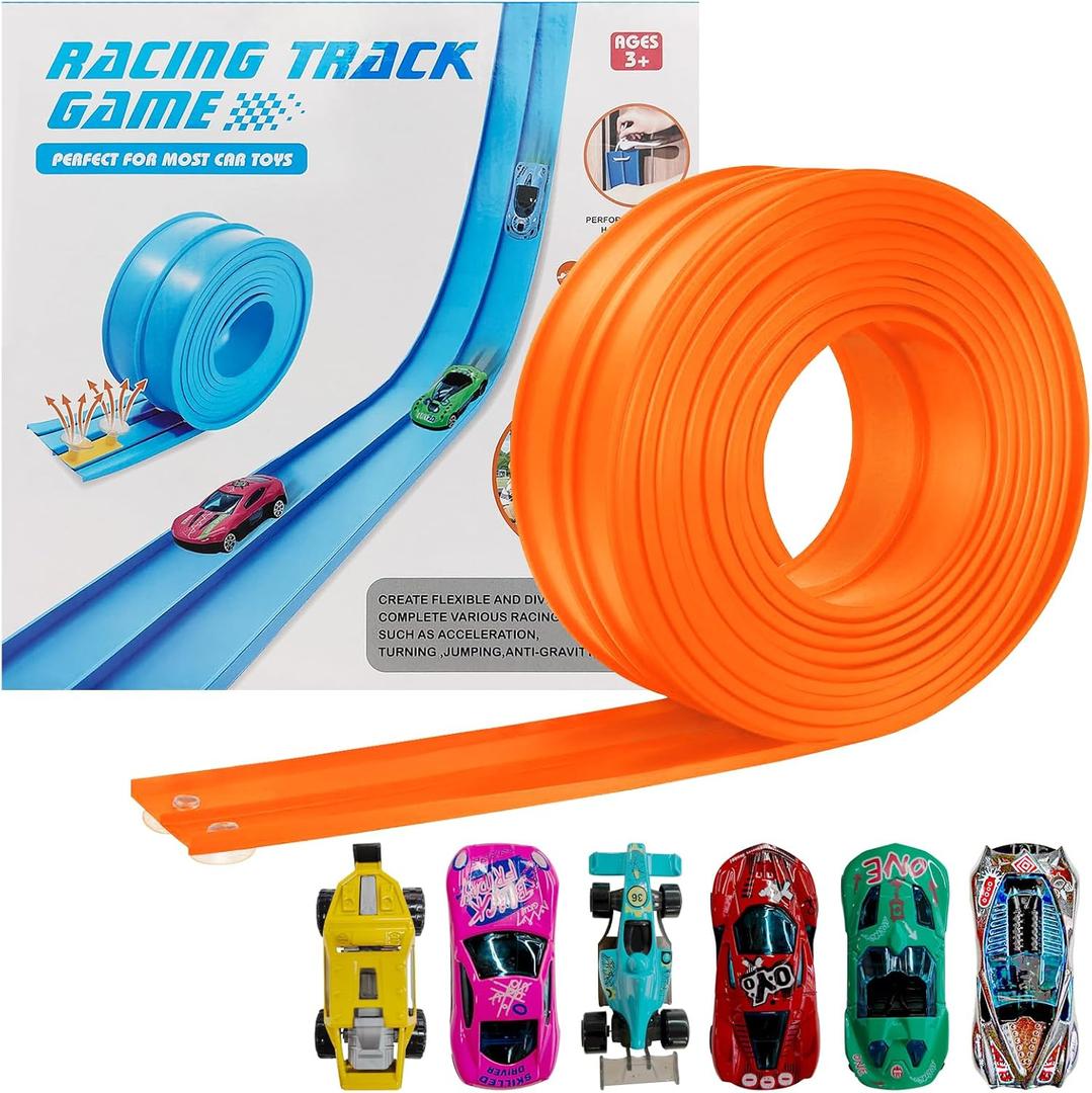 Flex Track Race Set for Kids, 15FT Starter Set Car Track with 4 Suction Cups and 6 Diecast 1/64th Cars - STEM Racing Toy for Boys & Girls Ages 3+ (Upgrade Orange) (Orange)