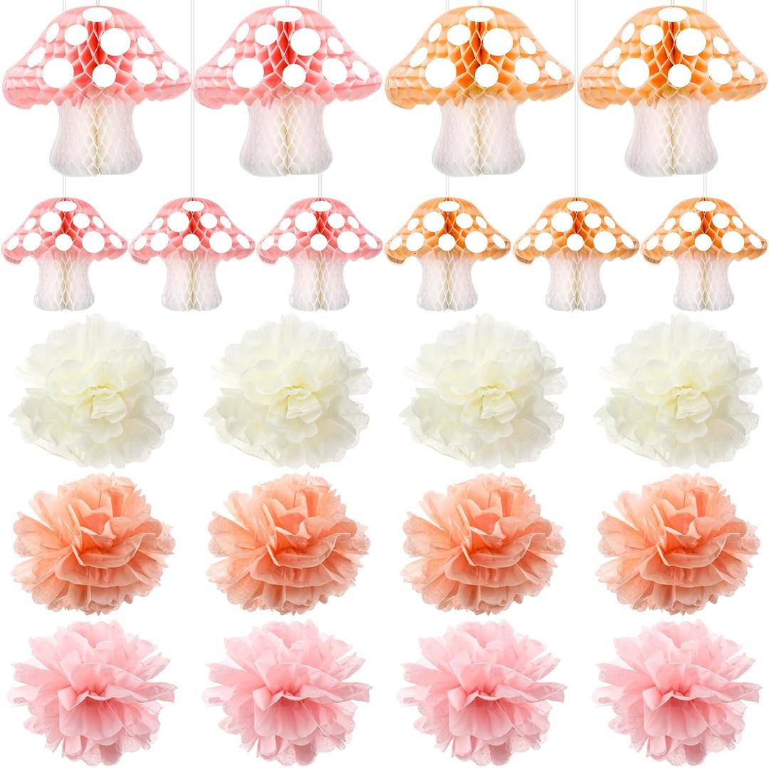 Yexiya 22 Pcs Mushroom Honeycomb and Flowers Honeycomb Ball Hanging Tissue Paper Pom Decorations for Baby Shower Party of Fairy Garden Jungle Wonderland Birthday Nursery(Pink)