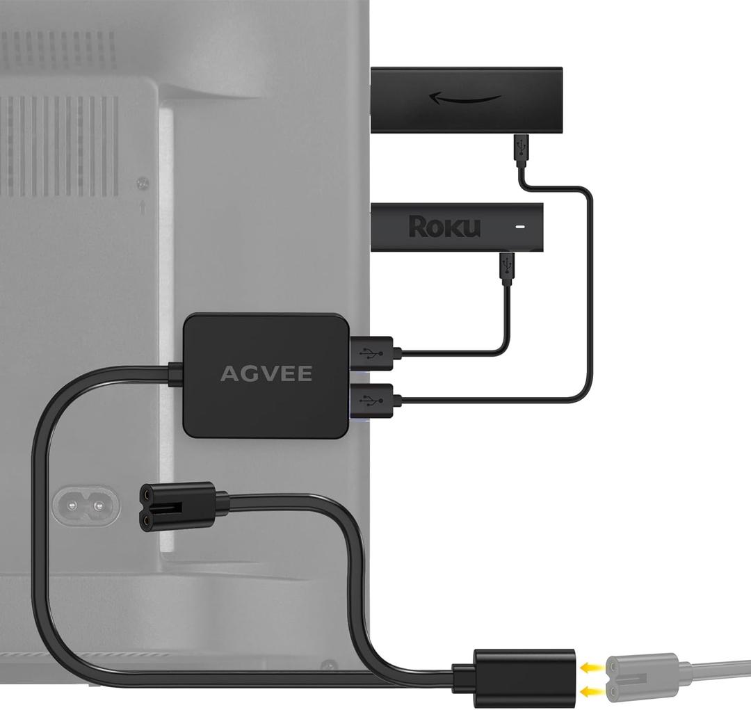 AGVEE 6.6ft Dual USB Power Adapter for Fire TV Stick (Fire Stick), Roku Chromecast Streaming TV Sticks, USB TV LED Light Strips | Eliminate Clutter | Cable Management Solution, Black
