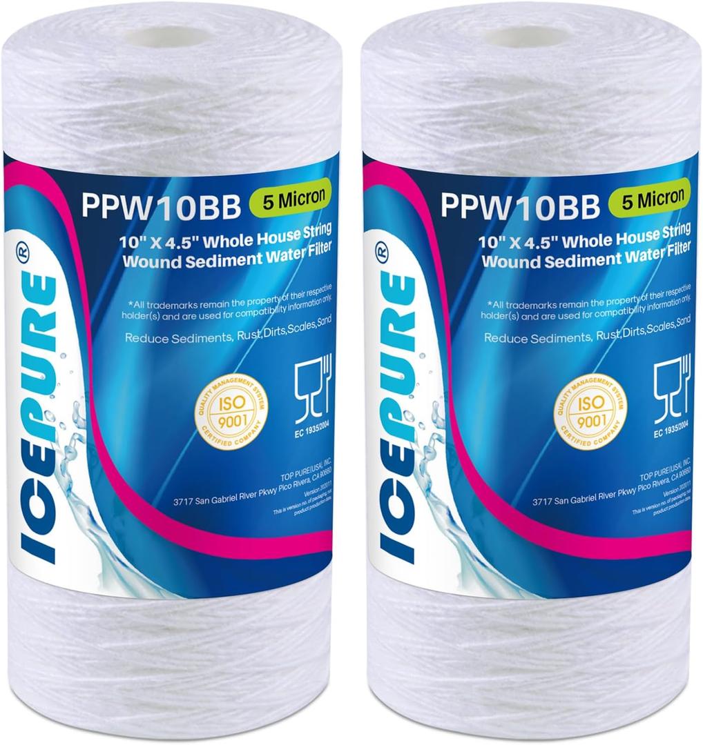 ICEPURE 5 Micron 10*4.5'' Whole House Sediment String Wound Water Filter Replacement filter for 84637, WPX5BB97P, PC10, 355214-45, 355215-45, WP10BB97P, WP5BB97P, 2PACK