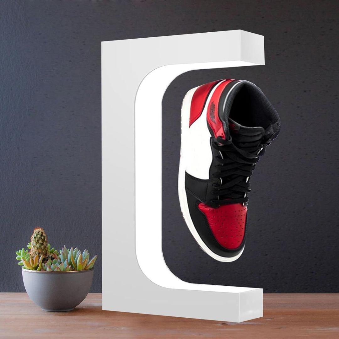 Floating Shoe Display Magnetic Levitating Sneaker Stand Holder Rotation Acrylic Rack with LED Light for Gift Advertising Exhibition Storefront shop up to Size 13 Big Shoes (White Without Shoe)