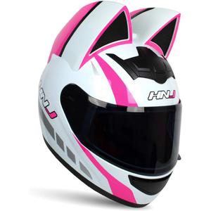 Adult Personalized Cat Ear Motorcycle Helmet,Men and Women Cool Cat Locomotive Motorcycle Full Face Helmet,DOT/FMVSS-218 Certification Standard,Suitable for All Seasons (Large, PINKWHITE)