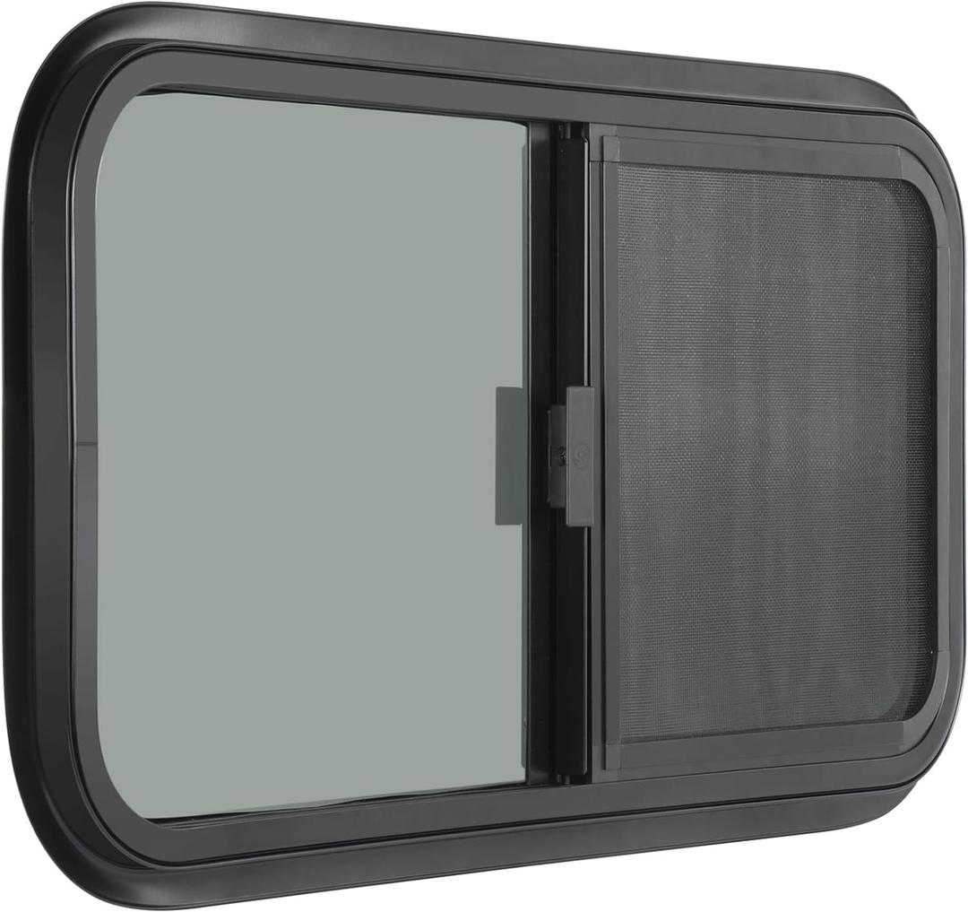 Horizontal RV Window, 24" W x 20" H Tinted Sliding RV Window with Net Screen and Trim Ring, Suitable for 1-1/8" Thick Walls, DOT Approved