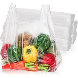 500 Pack Clear T Shirt Shopping Bag, 12'' x 18'' Multi-use Bulk Grocery Plastic Bags with Handles, Large Restaurant Carry out Retail Bags for Small Business, Supermarket, Restaurant