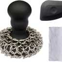 316 Upgraded Chainmail Scrubber with Silicone Handle Cast Iron Cleaner for Cast Iron Grill Pan Skillet Wok Bakeware Ergonomic to Hold Easy to Use Dishwasher Safe, Scrubber + Scraper + Towel (Black)