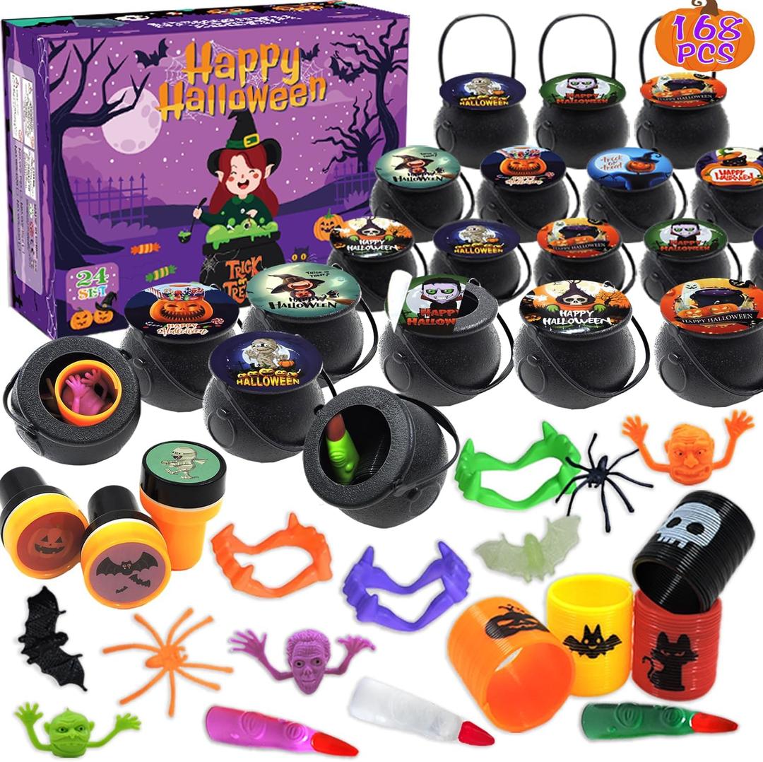168 PCS Halloween Party Favors 24 Pack Prefilled Small Plastic Witch Cauldron Toys in Bulk Halloween Prizes Gifts Miniatures for Kids Trick or Treat,Halloween Miniatures Novelty Toys