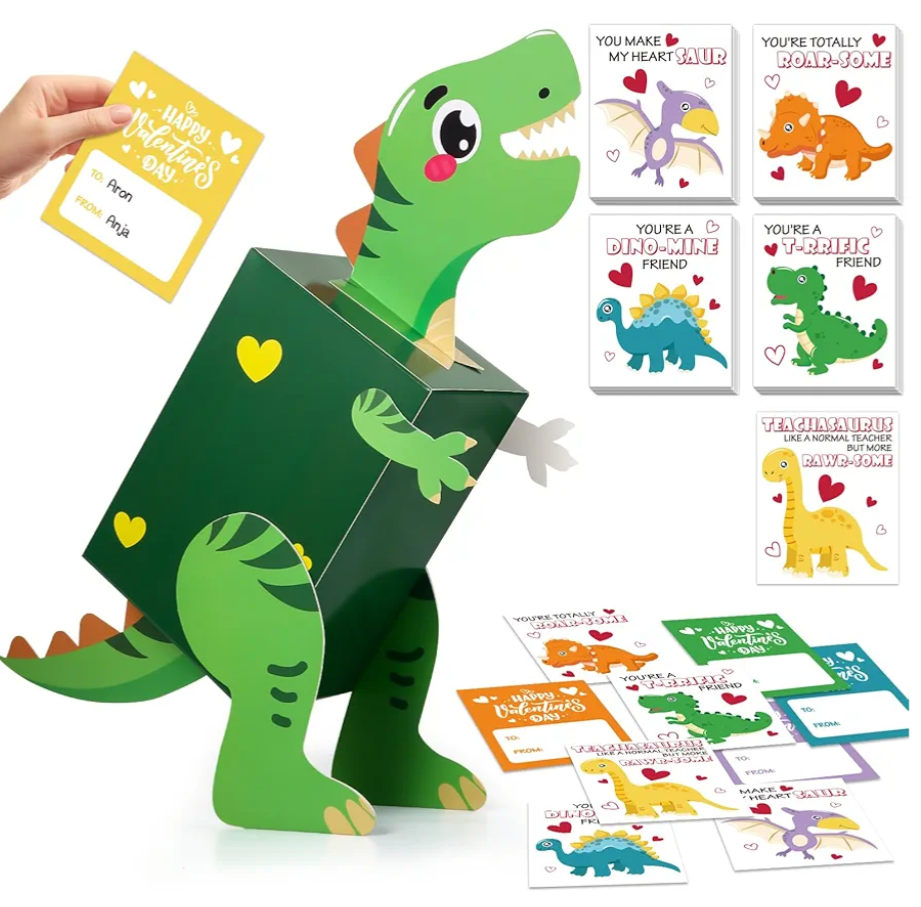 Dinosaur Valentines Day Box and Cards for Kids School, Valentines Day Gifts for Kids with Valentine Dino Card for Classroom Exchange, Party Favor (1 Dinosaur Box, 32 Valentine Cards, 1 Teacher Card)