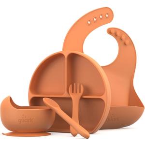 Feedi 5-Piece Silicone Baby Feeding Set by Quark - Baby Led Weaning Supplies - Toddler Plates and Bowls set - Adjustable Silicone Baby Bib with Food Catcher & Baby Utensils - Microwave/Dishwasher Safe