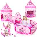 3PC Princess Tent for Girls with Kids Ball Pit and Crawl Tunnel for Toddlers, Pink Pop Up Playhouse Toys Indoor& Outdoor for Birthday Gifts
