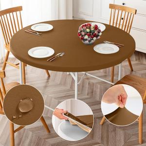 ManMengJi Brown Fitted Table Cover for Round Tables, 2 Pack Reversible Stretch Tablecloth, Waterproof Stain Resistant Table Cover for Outdoor/Indoor Use, Fits Round Tables up to 32" - 36" Diameter