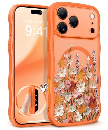GVIEWIN for iPhone 17 Pro Max Case Compatible with MagSafe [Curly Wave Edge][Full Camera Protection] Floral Translucent Shockproof Magnetic Women Phone Case for 17 Pro Max, Primrose/Orange