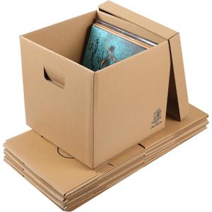Vinyl Record Storage Box - Moving Box with Handles and Lids - Sturdy Cardboard Crate for Vinyl storage - Holds Up to 60 Records or LPs - Set of 4 Boxes (Kraft)