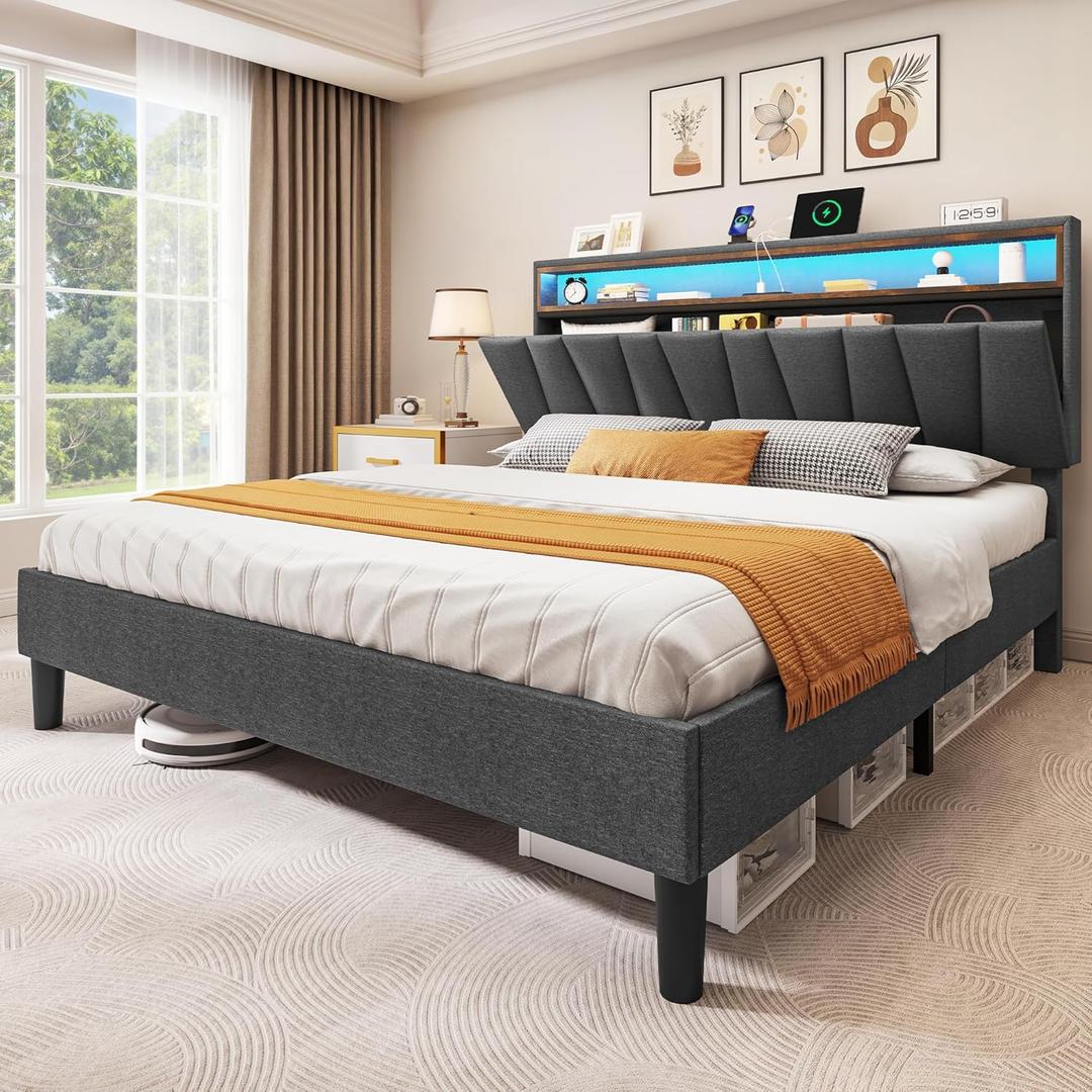 DWVO Full Size Bed Frame with Storage Headboard