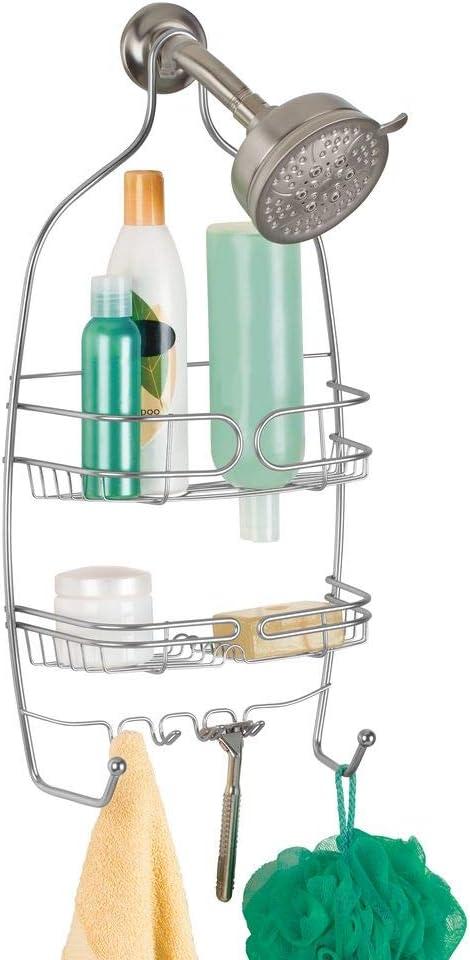 iDesign Neo Shower, Medium Metal Storage, Hanging Bathroom Caddy with 3 Shelves, 6 Hooks and 2 Suction Cups, Silver, Steel, One Size