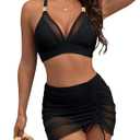 Blooming Jelly Womens High Wasited Bikini Sets Tummy Control Swimsuits Curvy Mesh Swim Skirt (Large, Black)