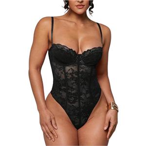 SweatyRocks Women's Sheer Lace Spaghetti Strap Underwire Bodysuit Corset Tops Sexy Skinny Leotard L