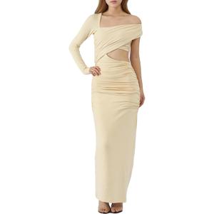 CLSEN Women's Sexy Off Shoulder Bodycon Maxi Dress Long Sleeve Party Cocktail Wedding Night Out Ruched Waist Stretchy Dress (M)