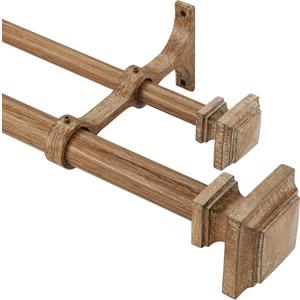 Double Wood Curtain Rods for Windows 72 to 144 Inches,1 Inch Decorative Wooden Curtain Rod with Square Imitation Wood Grain Finials and Double Aluminum Bouquet Bracket, Coffee Brown Wood Grain