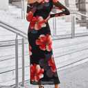 ZESICA Women's Long Sleeve Floral Maxi Dress 2026 Fall Off Shoulder Bodycon Ruched Mesh Cocktail Wedding Guest Dresses (XL)