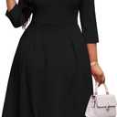 Nmoder Casual Dresses for Women, Fit and Flare A-Line Swing Dress 3/4 Sleeve Church Cocktail Midi Dress with Pockets (Black, XXL)