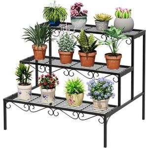 Plant Pot Stand Shelf, 3 Tier Flower Ladder Display Rack, Metal Succulent Plants Storage Holder for Outdoor and Indoor, Black